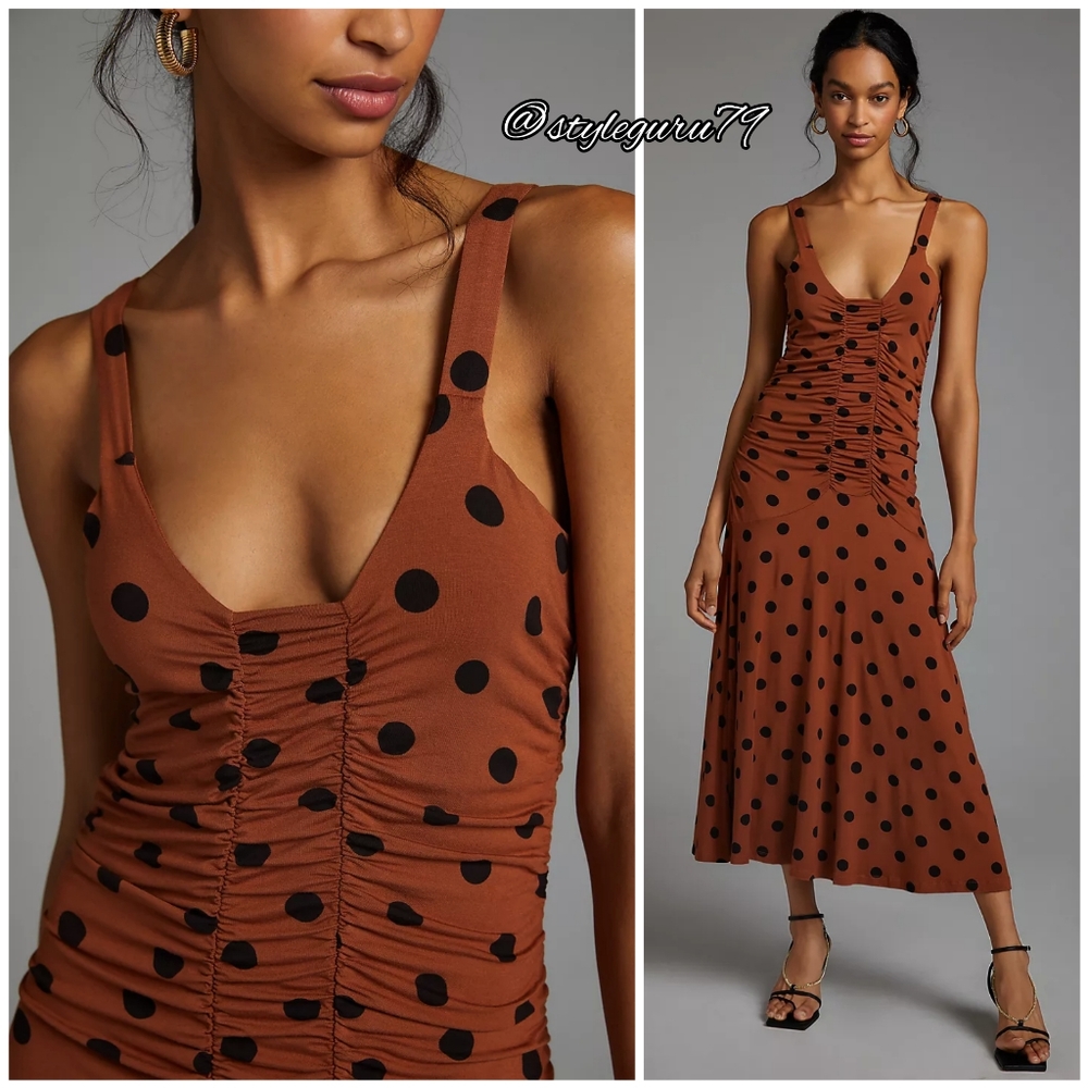 NWT, Anthropologie, Maeve Ruched Polka Dot Midi Dress - Picture 2 of 2